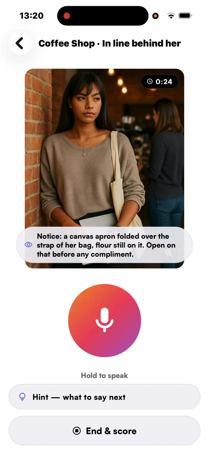A Practice session in the ImprovTalk app: the persona’s portrait in a coffee shop, a hint on what to say next, the Hold-to-speak disc, and End & score.
