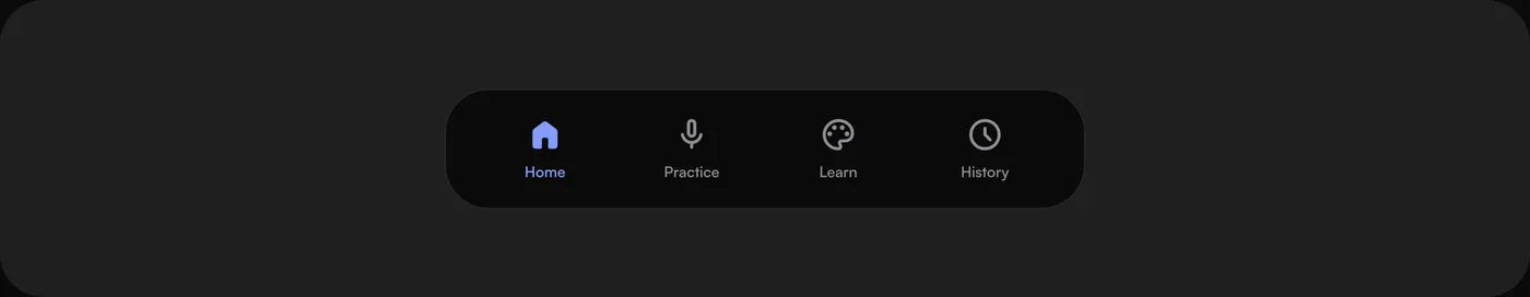 The app tab bar: Home, Practice, Learn, History.